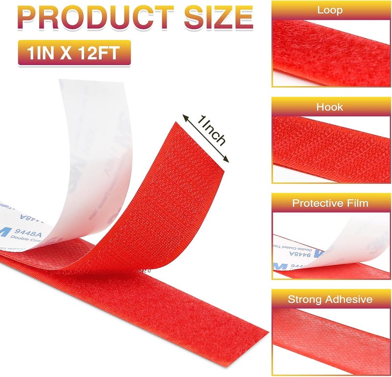 Summerbrite 12ft x 1 Inch Hook and Loop Tape, Heavy Duty Double-Sided Adhesive Strips, Strong Sticky Back Fastener, Cuttable Interlocking Tape Fasteners for Home, Office, Car, School & DIY Crafts Red - Image 2